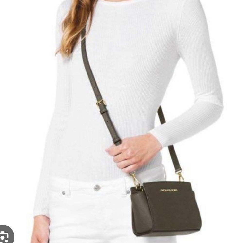 Olive Green MK Selma Mini Crossbody Purse With Adjustable Strap + Gold Hardware
